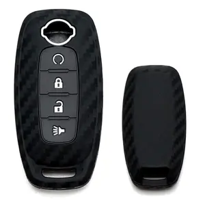 iJDMTOY Black Twill Weave Carbon Fiber Pattern Soft Silicone Key Fob Cover For Nissan 2022-up Kicks Rogue Pathfinder 4-Button Car Key