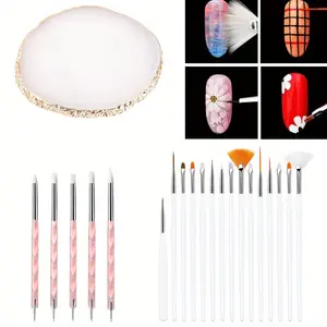 21pcs Nail Art Set, 15pcs Carving Pen Resin Agate Slice Dotting Pen Set with Mixed Palette, Flower and Stripe Design, Silicone Engraving Tool, Suitable for Manicure Painting, watercolor painting, dedicated to drawing