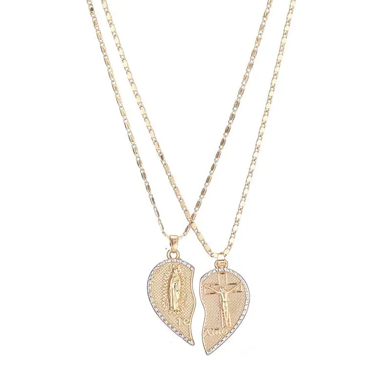 LUNJUN S Virgin Mary Heart Necklace 18K Gold Plated Double Chain Combination Prayer Pendant for Women & Men TE AMO Inscribed Couple Necklace Religious Symbolism Elegant Dual Heart Design 45cm Chain Length