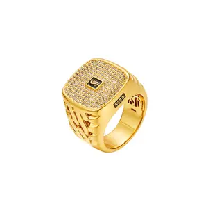 14K Gold Plated Iced Out Square CZ Ring, Anti-Rust Durable Stackable Copper-Inlaid Zircon Hip Hop Bling Statement Jewelry, Ideal Gift for Boyfriend (Birthday), Gold Plated Rings