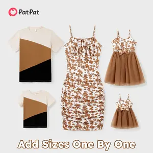 PatPat Family Matching Colorblock Cotton Tee or Flora Print Strap Body-con Dress or Mesh Splicing Dress