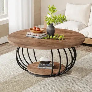 TRIBEWOOD Round Coffee Table for Living Room, 39.4" Industrial Wooden 2-Tier Circle Accent Center Cocktail Table with Storage Shelf and Metal Frame
