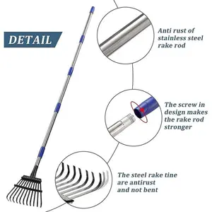 Garden Rake -Small Leaves Rakes for Gardening - 11 Metal Tines 8.5" Wide - 78" Long Handle Leaf Rakes for Lawns Heavy Duty for Yard Lawn Shrub Garden Beds