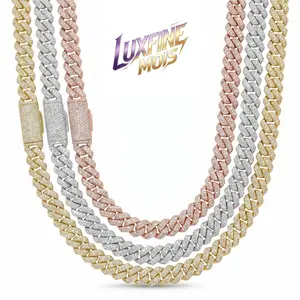 ①①LUXFINE MOIS 15mm/19mm Iced Out Moissanite Cuban Link Chain, 14K Gold/Rose Gold/White Gold Plated Full Paved Hip Hop Necklace, Pass Diamond Tester for Men Women