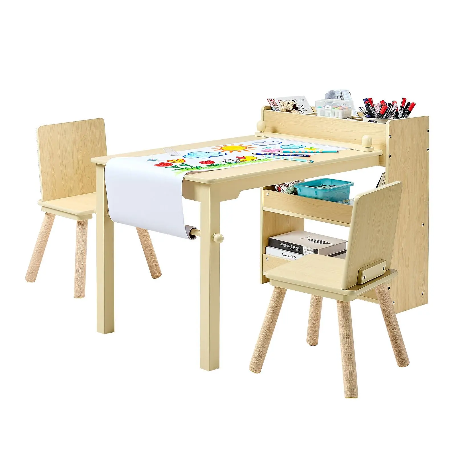 【SummerFinds】VEVOR Kids Art Table and Chair Set, Toddler Craft Table with 3 Tiers Storage Cabinet, Wooden Kids Activity Play Desk with 2 Chairs, Craft Play Desk for Reading, Learning, Drawing, Writing, Light Wood