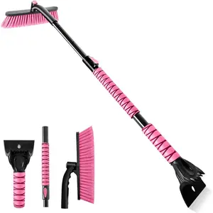 44" Ice Scraper and Snow Brush for Car Windshield with Extendable, 360°   Pivoting, Soft Bristle Head, Foam Grip, for Car, Truck, SUV Window Tool (Pink)