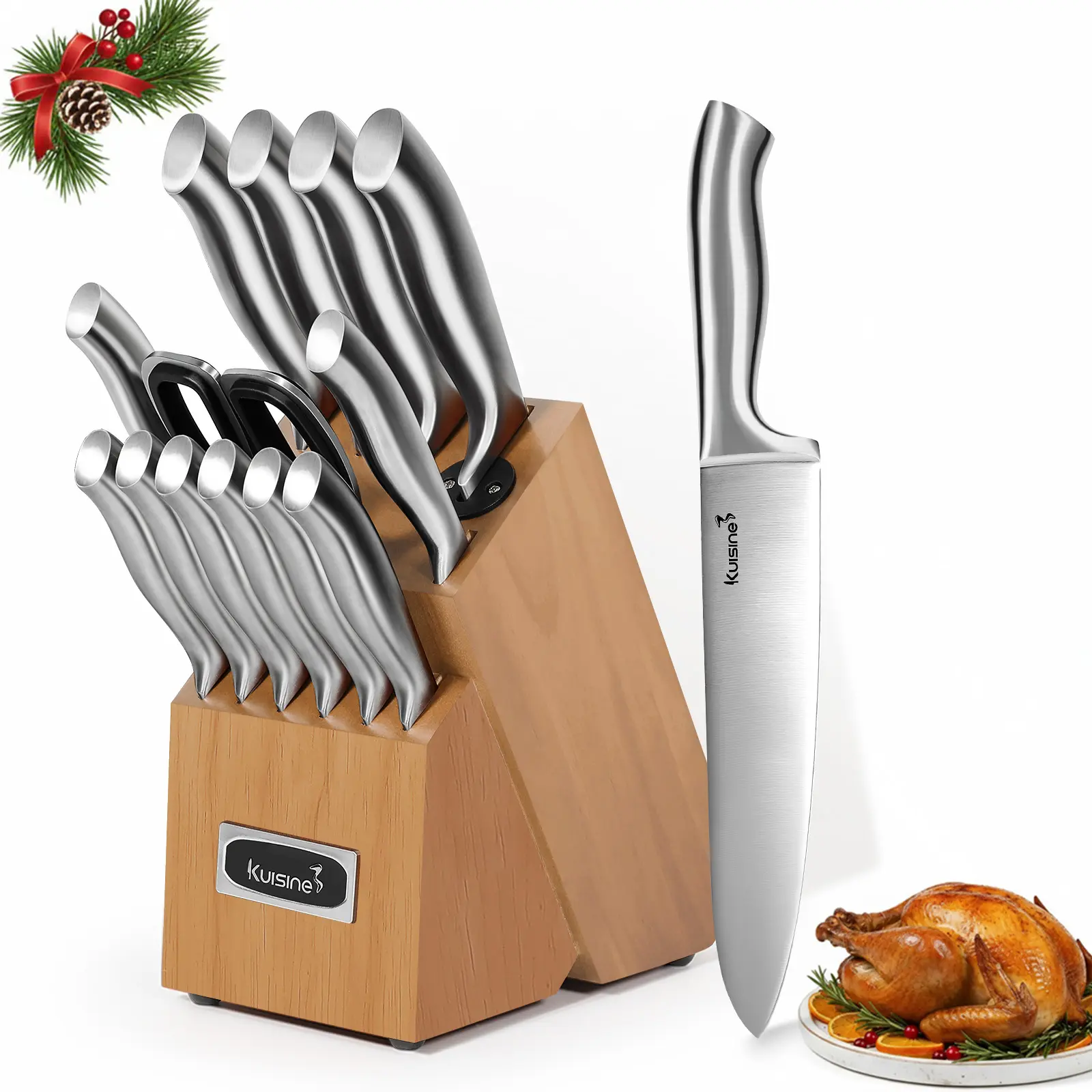 Kuisine 15-Piece Acacia Block Kitchen Knife Set, High-Carbon Stainless Steel Cutting Knives, Self-Sharpening Kitchenware, Ideal Holiday Gift