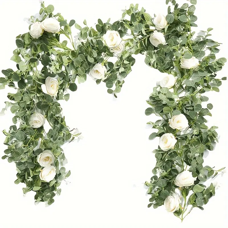 69.9in Decorative Eucalyptus Leaf White Rose Flower Vine - PVC-Free Synthetic Faux Flowers Garland with Fabric Leaves, Festive Home & Wedding Decor, Vine Garland