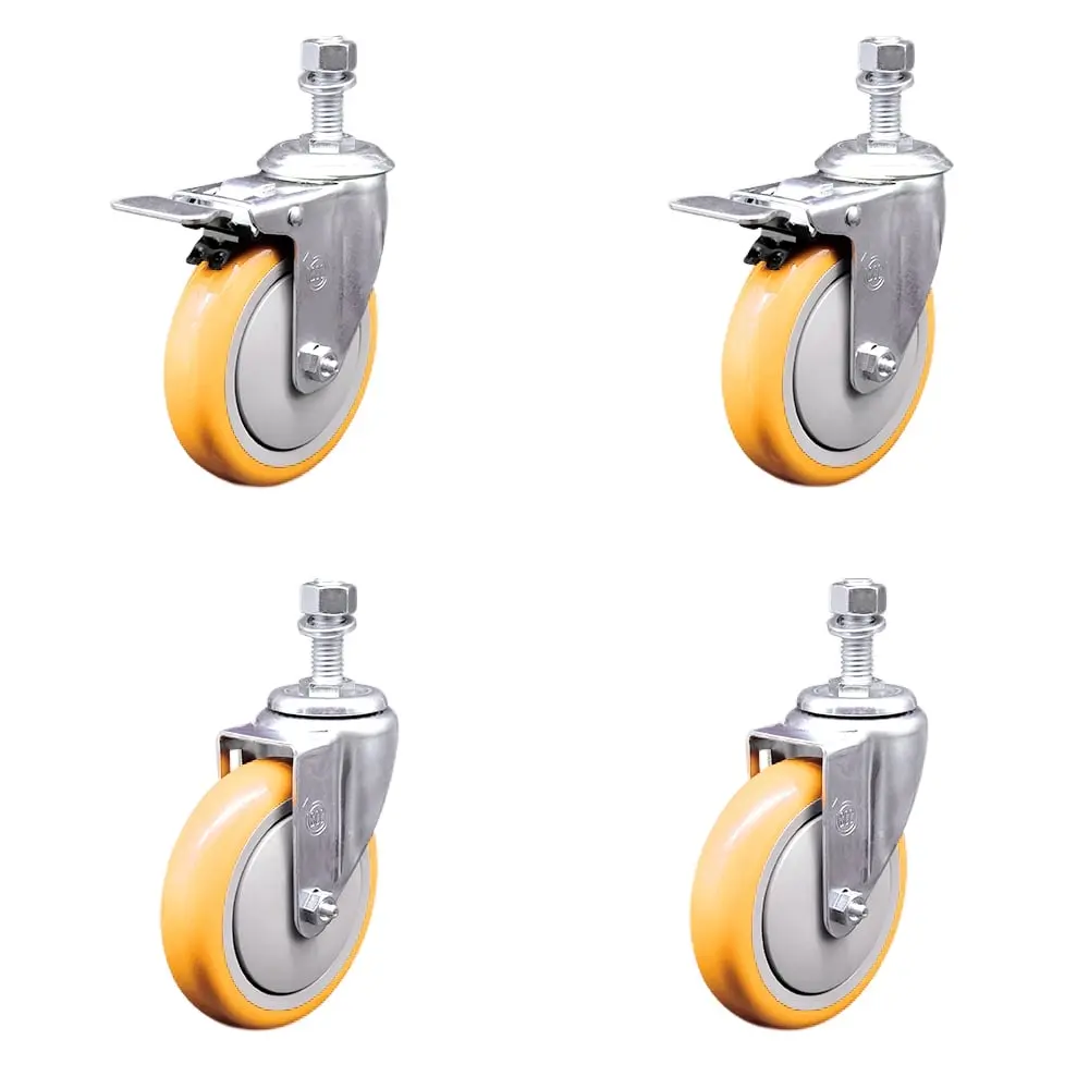 Service Caster Series #20 SCC-SSTSTTL20S514-PPUBYEL-121315-2S2 Stainless Steel Polyurethane Swivel Threaded Stem Caster Set of 4 - 5x1.25 in. Yellow Non-Marring Wheels, 0.5 in. Stems, Total Lock Brake, Ideal for Concrete/Tile Surfaces