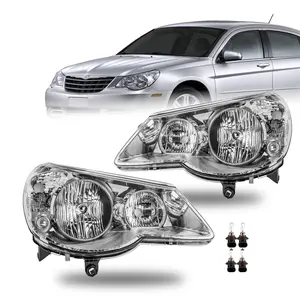 Headlight Assembly with Bulbs for Chrysler Sebring 2007-2010 Headlamp Pair Replacement Chrome Housing Clear Reflector