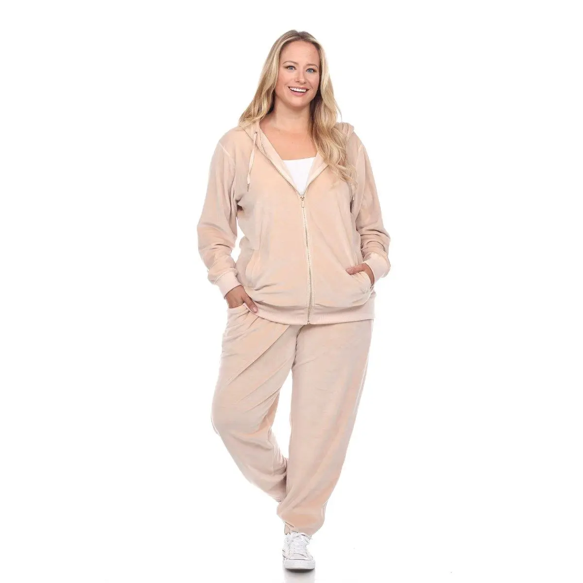 212 MAIN Plus Size Velour Fabric 2-Piece Tracksuit Set - Long Sleeve Shirt, Full-Length Pants, Zip Closure, Fitted Cut, 2 Front Half-Kangaroo Pockets, Beige, 3XL (PS2121-10-3X) for Daily Wear, Indoor Sports