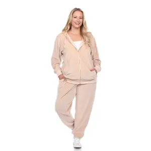 212 MAIN Large Size Velour 2-Piece Tracksuit Set - Long Sleeve Tops, Full-Length Pants, Zip Closure, Fitted Cut, Beige, 3XL (PS2121-10-3X)