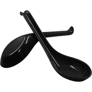 2 count  Soup Spoons, Chinese  Miso Ramen Wonton Dumpling Pho Rice Noodle Soba Soup Spoons, Black Melamine Spoons