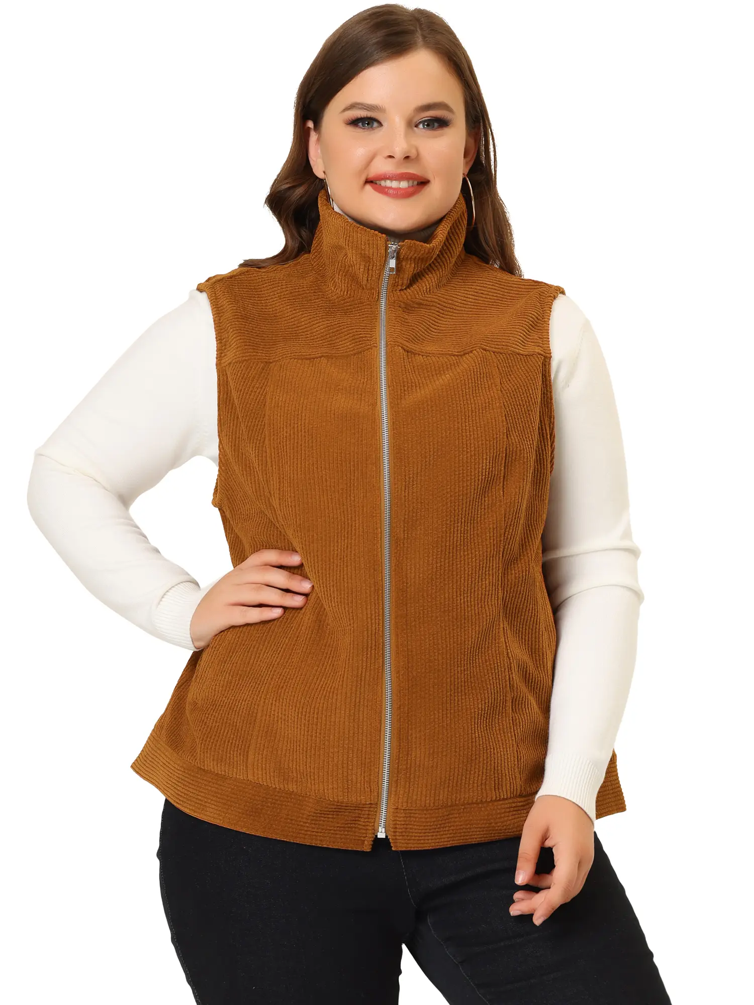 Agnes Orinda Plus Size Corduroy Sleeveless Jacket Zipper Side Pockets Vest