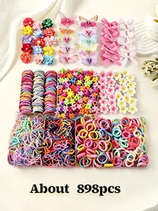 898/899pcs 2026 New Girls' Hair Accessories Gift Box Set, including hundreds of flower and butterfly hair clips, colorful hair ties, high elasticity hair bands, Thickened support rods, suitable for daily styling, with optional matching storage box