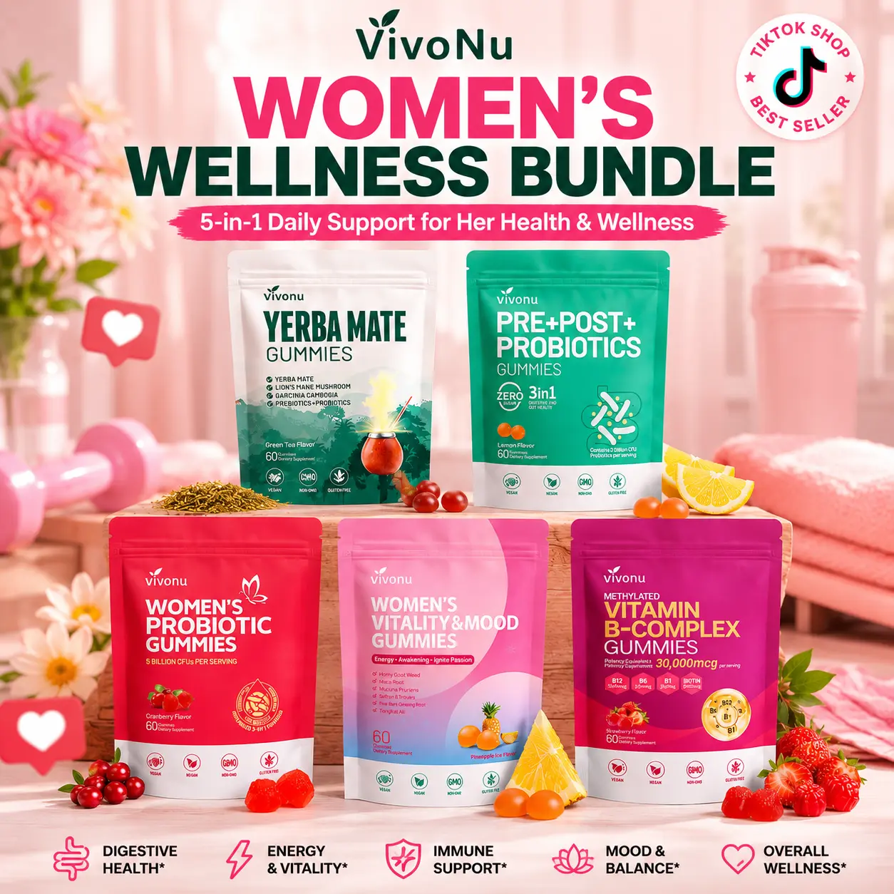 VivoNu Complete Women's Wellness Bundle | Daily Gut, Mood & Energy Support | 5 Gummies Set