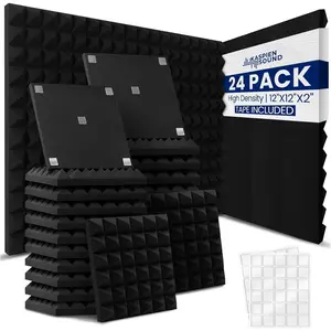 | 24 Pack | 12x12x2inch | High Density Acoustic Foam Wall Panels | Pyramid Shape | Double Sided Adhesive Tape | Sound Absorbing Acoustic Panels | Sound Proof Foam Panels For Walls