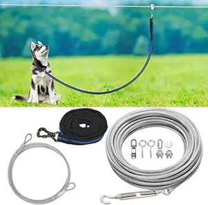 100ft Dog Tie Out Cable Trolley Runner for Dogs up to 250lbs with 8ft Bungee and Tree Protection