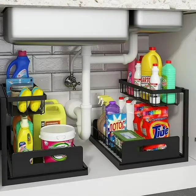 Under Sink Organizer and Storage, 2 Pack Pull Out Cabinet Organizer Slide Out Sink Shelf Cabinet Storage Shelves, Under Sink Storage for Kitchen Bathroom Cabinet