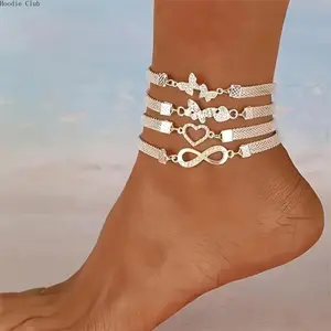 Stackable Ankle Bracelet Set for Women (4pcs), Butterfly & Heart Charm Chain Anklets, Gold Plated Alloy with Cubic Zirconia, Elegant Shiny Minimalist Foot Jewelry, Lightweight Fashion Anklets for Daily Wear, Beach, Party, Vacation & Gift Idea