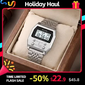 SKMEI Unisex Slim Rectangle Digital Watch with Stainless Steel Band, a Backlit Chronograph with Calendar and Alarm for Office or Casual Wear