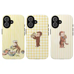 Curious Georgee Tough Phone Case, Cute Yellow Gingham Cartoon Themed Phone Case Premium Matte Texture, Protection, Shockproof, Anti-Drop, Anti-Fingerprint For IPhone 17-12, Pro Max, Pro Plus, and Samsung S25-22 Protection Safety