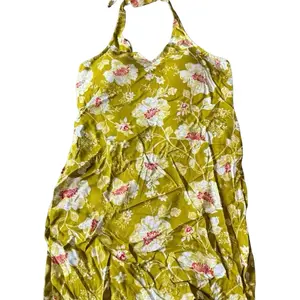 Mustard Yellow Korean Silk Short Kurtha with Floral Pattern and Halter Neck Design