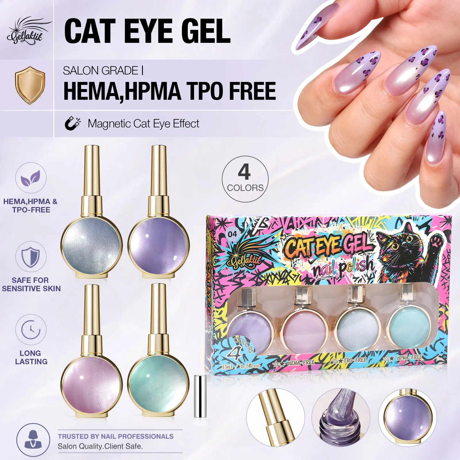 GELLAKTIK 4-Piece Cat Eye Magnetic Gel Nail Polish Set, 15ml Summer Glitter Edition, Soak Off UV/LED Cure Nail Art Kit for Women, liquid gel nails sohochic