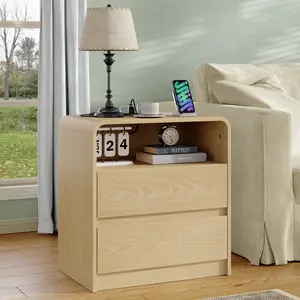 Bedside table for bedroom, solid wood storage cabinet with built-in charging station, featuring two drawers and one open storage compartment. Sleek curved handle-free design for easy assembly. Ideal for bedrooms, dorm rooms, and other compact spaces.