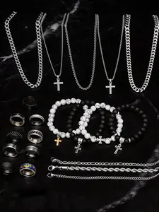 Men's Stainless Steel Jewelry Set, Casual Versatile Design Cross Necklace & Bracelet Pair, All-Seasons Accessory Ideal Gift for Birthdays & Dates, Accessories Set for Men