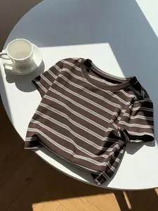 1 Piece Striped Slim Cropped Top | Sweet Cool  Aesthetic | Crew Neck Short Sleeve + Stretchy Ribbed Design | Perfect for Girls' Shopping Spree / Café Photo Ops