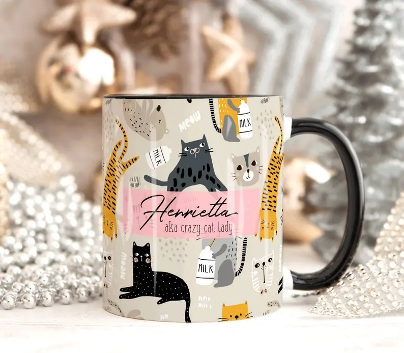 CRAZY CAT LADY Personalised Name Cat 11oz Accent Coffee Mug, Personalised Mug, Cat Lover Gift For Her, Sister Mum Daughter Birthday Gift