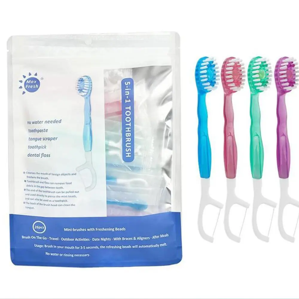 5-in-1 Mini Travel Soft-Bristle Toothbrush Set - 26 Pcs Oval Oral Hygiene Kit with Polypropylene Floss, Tongue Scraper, Toothpicks, Interdental Brush, Fruity Citrus Scent, PP Handle, Individually Wrapped Disposable for Business Trips, Fresh Breath, Tpu Br