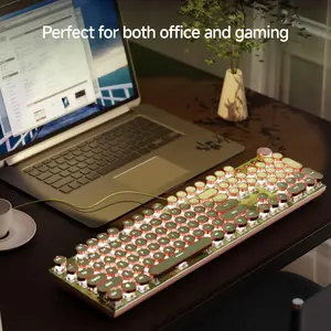 EWEADN V20 Punk Typewriter Mechanical Gaming Keyboard, All-metal Panel 104-Keys Wired Retro Punk Keyboard with White Backlit, Multimedia Knob Keyboard for Game & Office, Mechanical Keyboards, Tactile Feedback Keyboard, Lighted Mechanical Keyboard