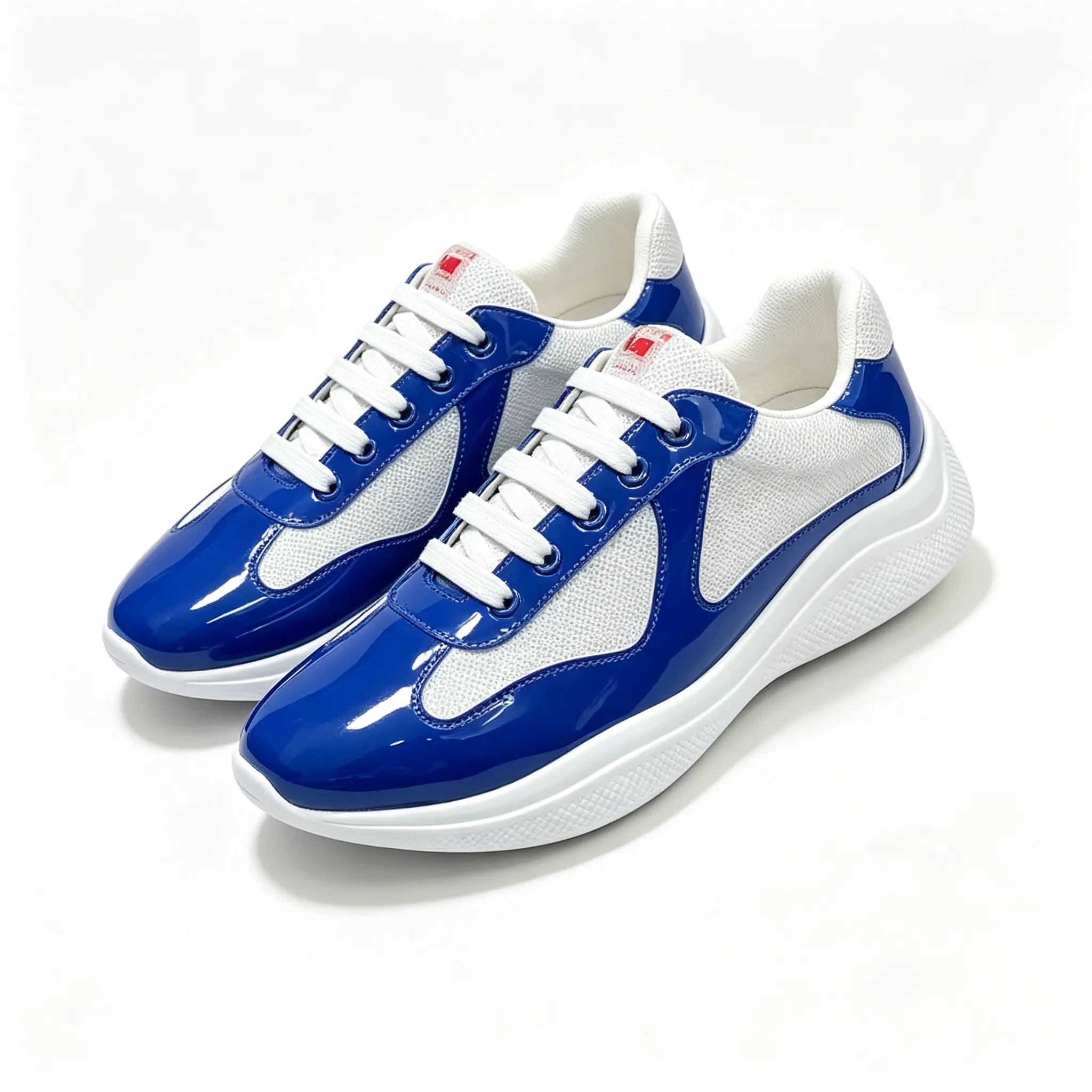 Blue White Mesh Platform Sneakers with Patent Leather Accent, Breathable Color Block Lace Up Casual Trainers, Thick-Soled Height-Increasing Fashion Footwear for Daily Travel, Casual Outings & Everyday Street Activities