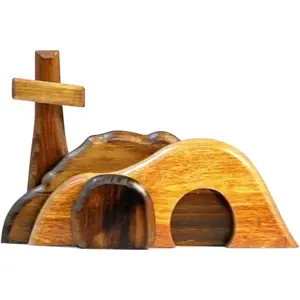 EGZ Empty Tomb Easter Scene and Cross Decoration, Wooden Easter Jesus Resurrection Scene Cross and Tomb Tray Set, Suitable for Religious Home and Office Desk Display, Christian Gift.