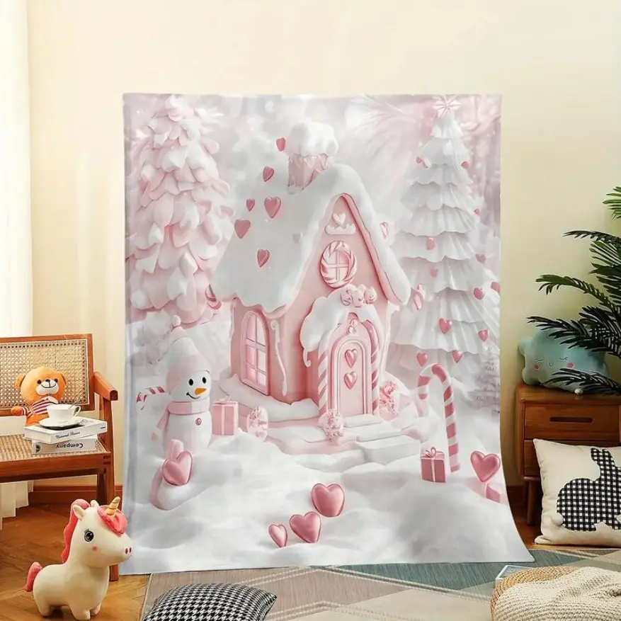 Pastel Pink Heart Gingerbread House Snowman Christmas Full Print Flannel Blanket Soft Warm Throw Plush Blanket Cute Kawaii Pink Winter Candy Cane Xmas Bedroom Couch Nap Blanket Giftable Sweet Pink Christmas Decor Blanket For Room Party Day Gift Popular Ho