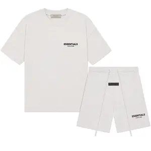 (Tee and Shorts) Fear of God Essentials Light Oatmeal T-shirt & Shorts Set - Oversized Fit Simple Design Versatile Wear for Everyday Comfort