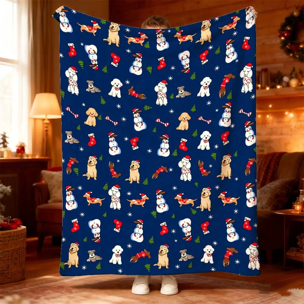 1pc Cozy Winter-Themed Blue Blanket with Festive Dog and Snowman Designs for Home, Sofa, or Camping - Ideal Nap Companion for Cold Evenings or Travelling Journeys