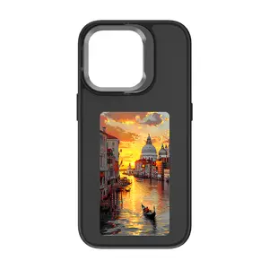 Smart Ink Screen Phone Case Compatible with iPhone 15 16 Pro Max, NFC E-Ink Digital Photo Display Case with DIY Customization, Foldable Bracket Stand, Scratch-Resistant Matte Glass Back Plate, Shockproof Mobile Phone Accessories Protective Cover(Black)