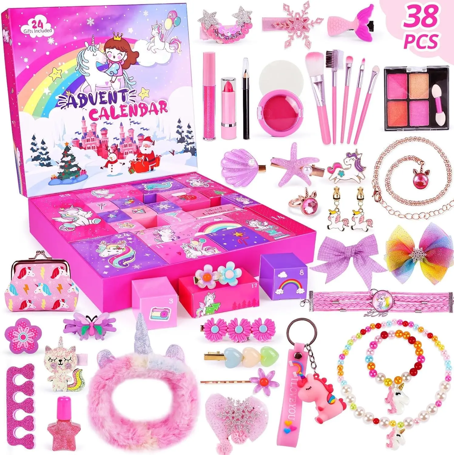Valentine's Day Gift  Advent Calendar 2025 Girls 24 Days Christmas Countdown Calendar Unicorn Kit Xmas Gifts for Kids Christmas Stocking Stuffers Toys for 4 5 6 7 Year Old Girl Birthday Xmas Gifts