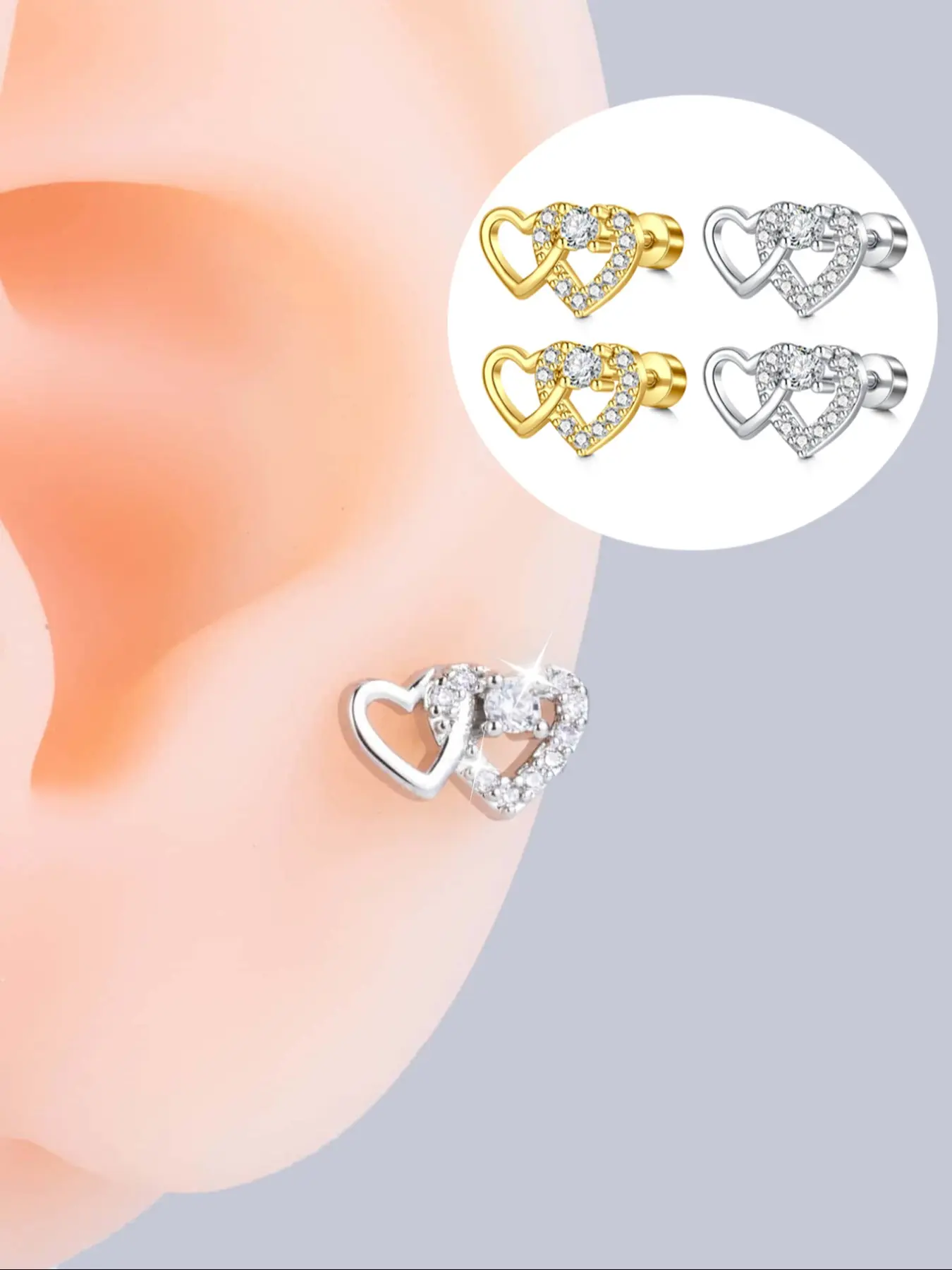 Stainless Steel Heart-Shaped Stud Earrings with Cubic Zirconia, Fashion Body Jewelry for Cartilage Piercing, Valentine's Day Gift