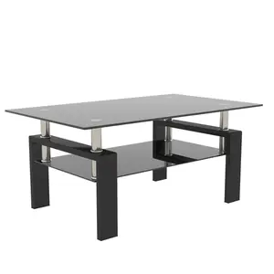 Rectangle Black Glass Coffee Table Modern Side Center Tables for Living Room with Storage Shelves Sturdy Iron Legs & Easy Assembly Coffeetable