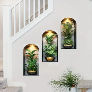 Modern Arched Niche Plant Decal Set, Tropical Leaf Palm Design, Lighting Effect, Living Room Staircase Wall Art Decor, Wall Stickers