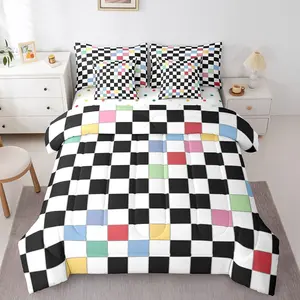 Feelyou 7-Piece Black White Checkered Kids Bedding Set, Checkerboard Pattern Blanket Comforter Set with Sheets, Funky Buffalo Plaid Bed-in-A-Bag