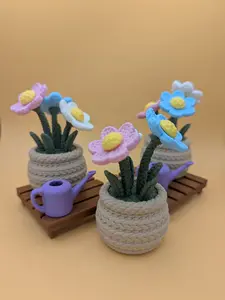 3D Printed Mini Crochet Daisy Primrose Bouquet | 3 Stem Pink White & Blue | Everlasting Floral Display