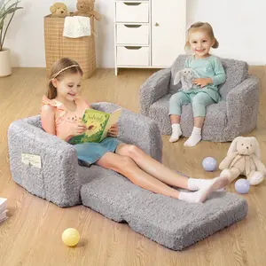 Foldable Kids Sofa Chair - 2-in-1 Convertible Toddler Couch for Boys & Girls, Gray Children's Floor Seat for Playroom, Soft & Cozy Design