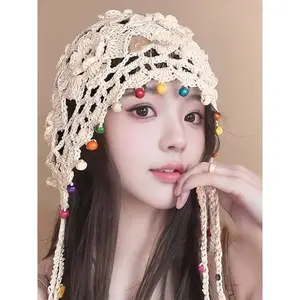 Women's Hollow Knit Beanie Hat with Colorful Beads, Flowers & Tassels, Bohemian Ethnic Handmade Crochet Cap