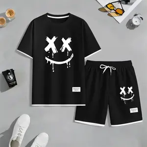Men's Smiling Face Print Waffle Fabric Short-Sleeved Shirt And Shorts Set