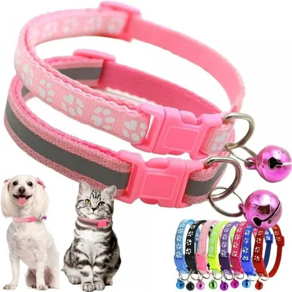 2PCS Safety Breakaway Reflective Cat Collar with Bell, Adjustable Paw Pattern Nylon Small Pet Collar for Indoor Kitten Teacup Puppy, Night Walking Anti-Lost Pet Collar with D-Ring for Tag